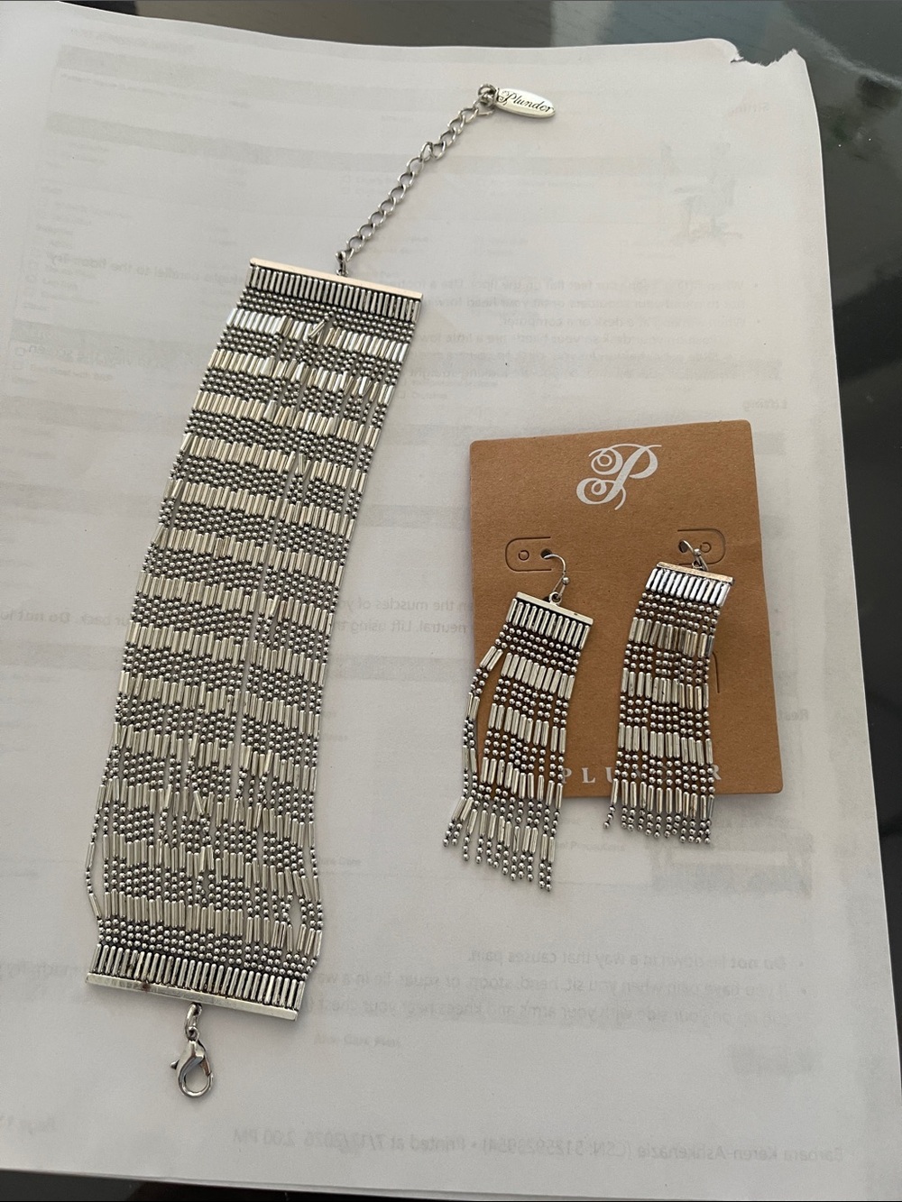 Plunder Pavement Silver Fringe Beaded Bracelet and Earrings Set